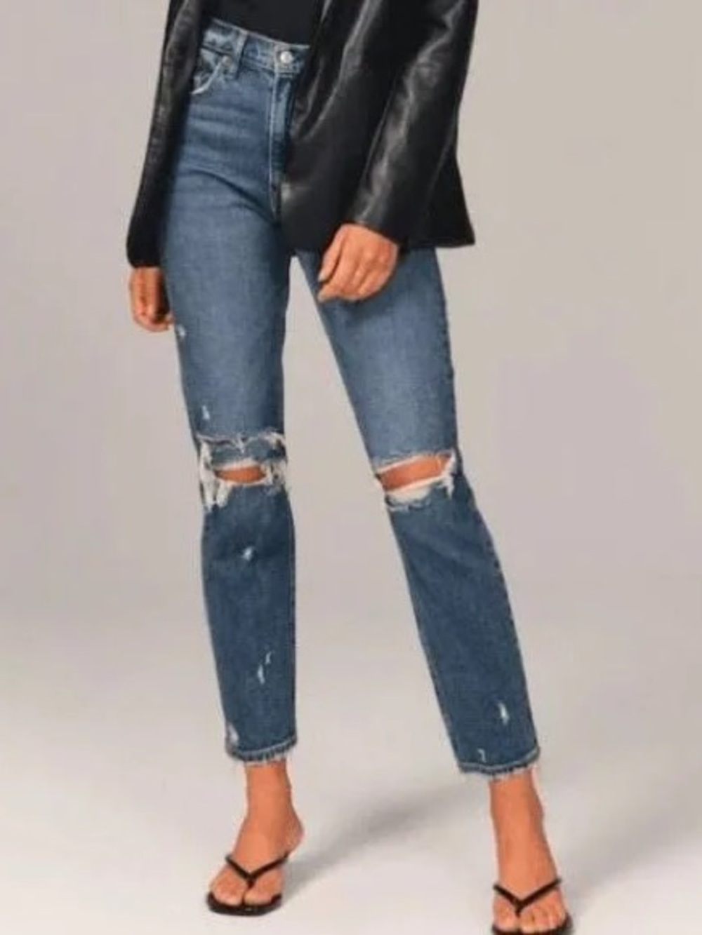 Abercrombie & Fitch Distressed Medium Blue Straight-Leg The Mom Jeans Curve Love